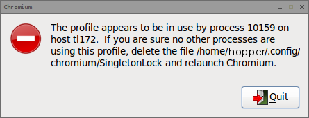  The profile appears to be in use by process 10159 on host tl172.  If you are sure no other processes are using this profile, delete the file /home/hopper/.config/chromium/SingletonLock and relaunch Chromium.